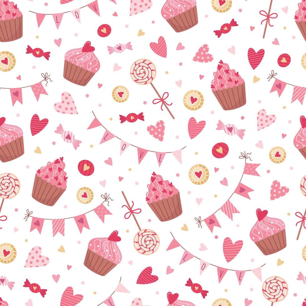 patrón transparente de vector con corazones, cupcakes, dulces, dulces y guirnaldas festivas. encantador fondo romántico para el día de san valentín, día de la madre, boda. adecuado para envolver papel, postales.