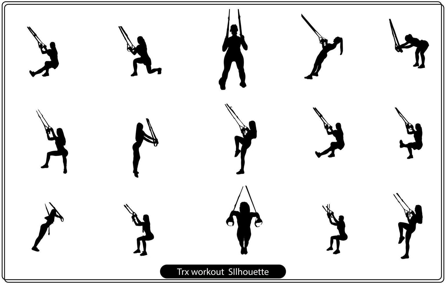 Silhouettes of men and women doing TRX exercises with ropes isolated on white background. vector