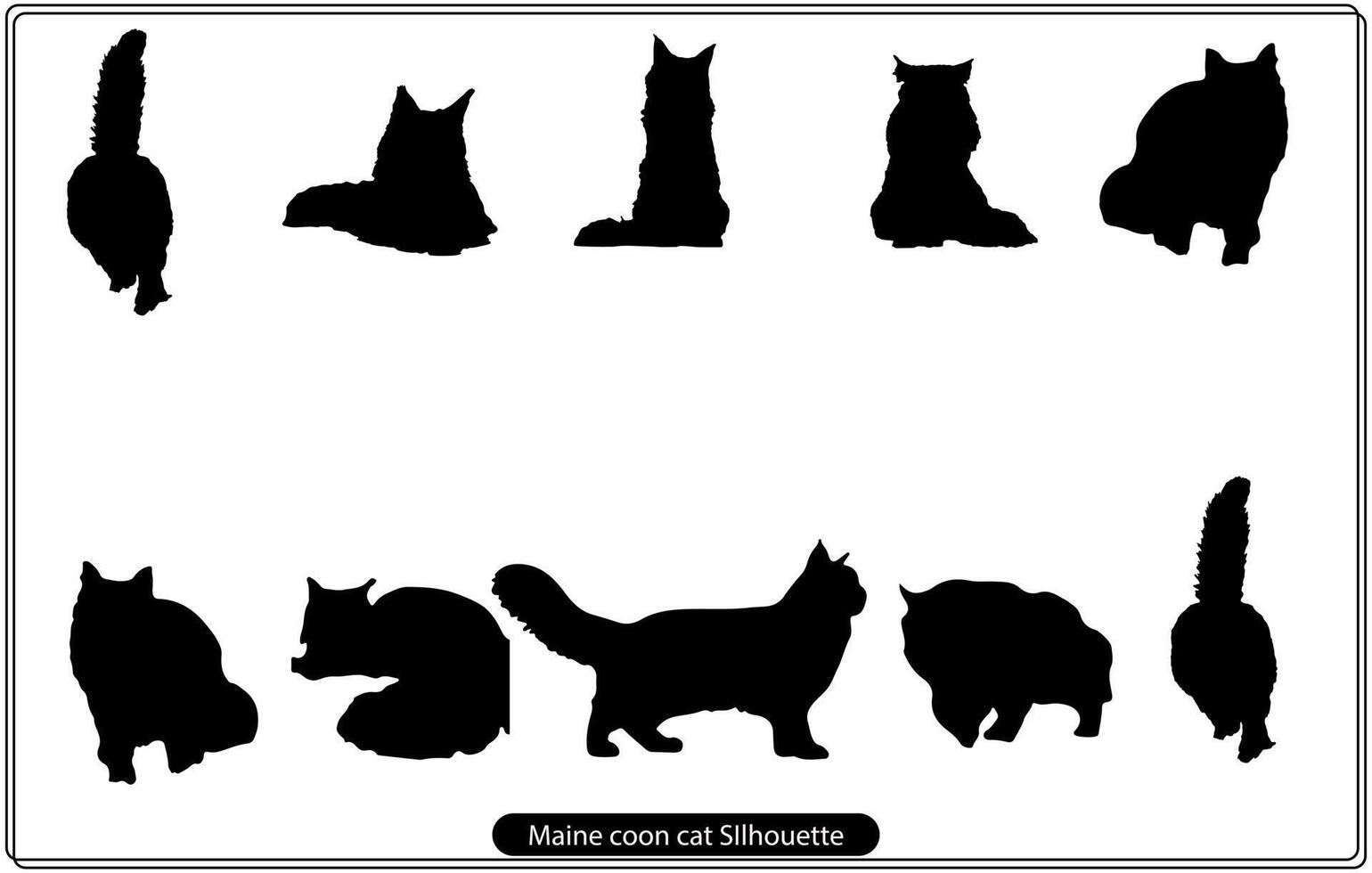 Maine Coon cat icons and silhouettes. Jumping running sitting lying standing going cat free vector