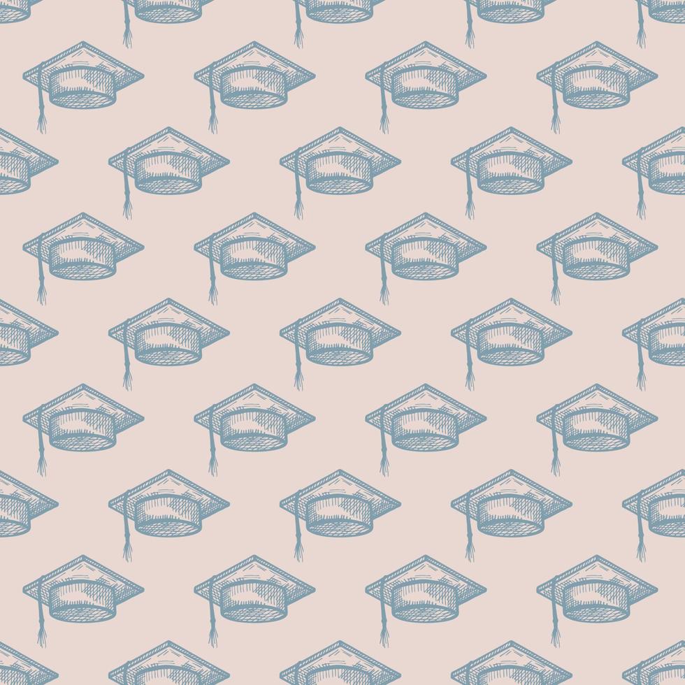 Graduate hat engraved seamless pattern. Vintage element education in hand drawn style. Sketch texture for fabric, wallpaper, textile, print, title, wrapping paper. Vector illustration.