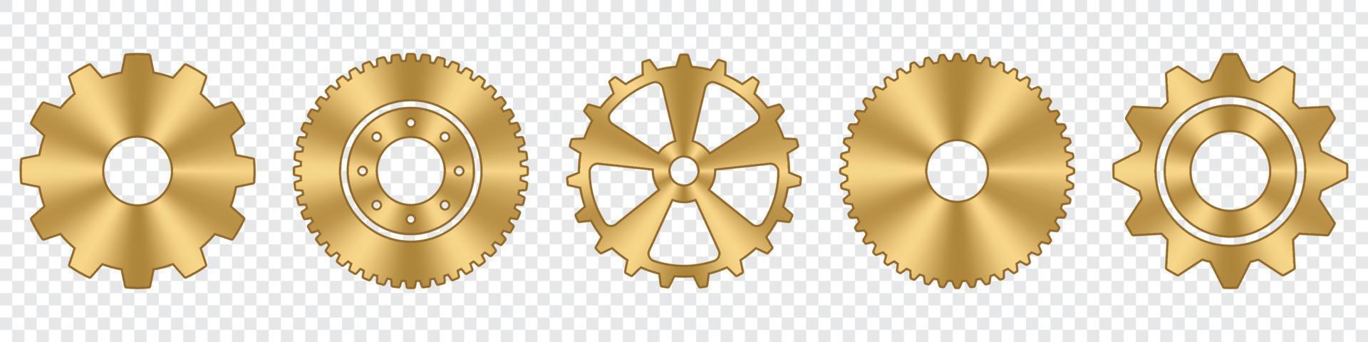 conjunto de ruedas dentadas. colección de ruedas dentadas de metal dorado. iconos industriales. conjunto de iconos de vector de configuración de engranajes. ilustración vectorial