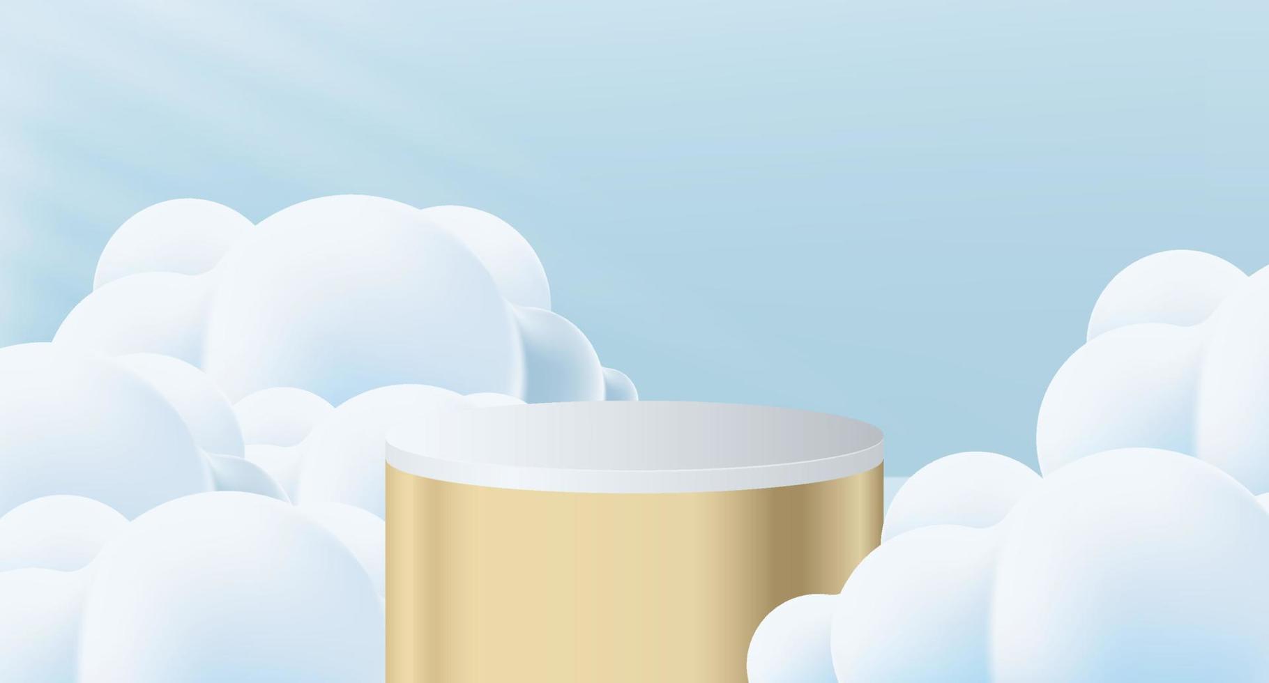 Blue background with podium surrounded by blue clouds. Realistic golden blank product podium. Vector illustration