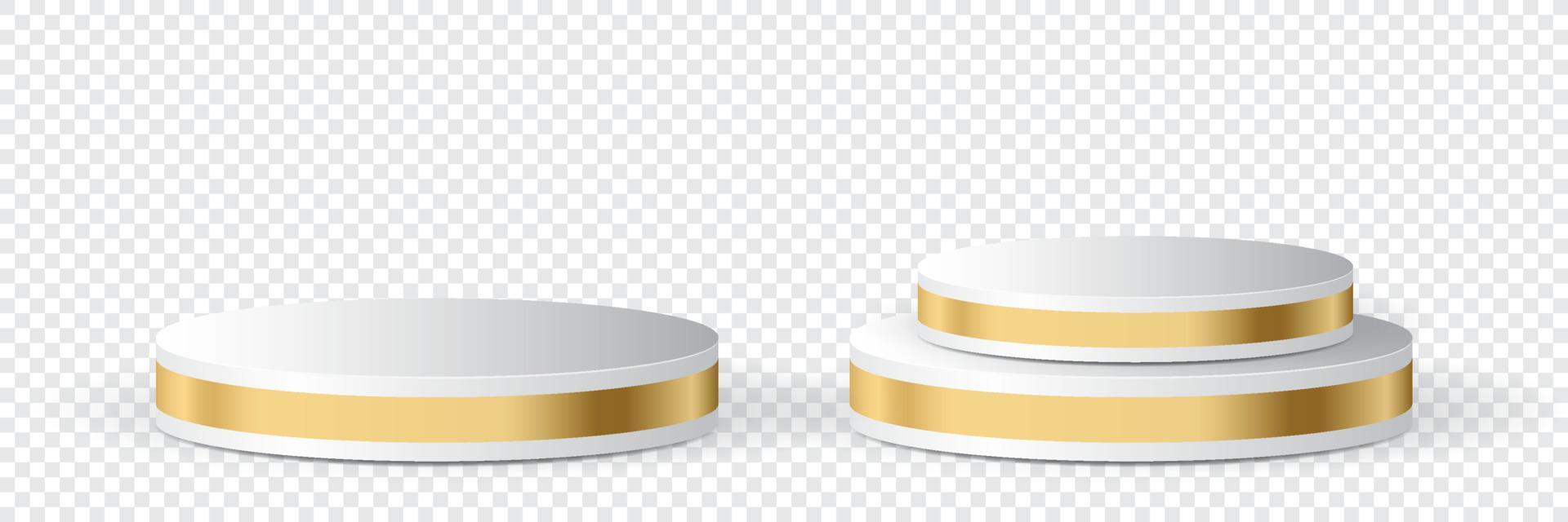 Set of realistic white blank product podium scene. Pedestal with golden line. Podium for advertising. Stand for cosmetic products. Vector illustration