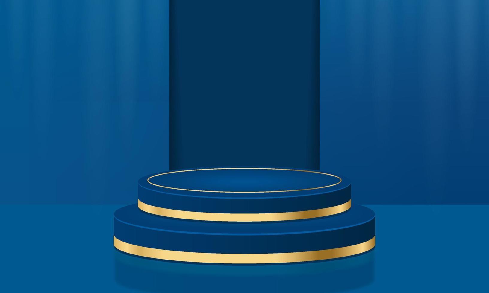 Abstract blue and gold geometric podiums. 3D realistic dark blue cylinder podium. Luxury concept background. Vector illustration