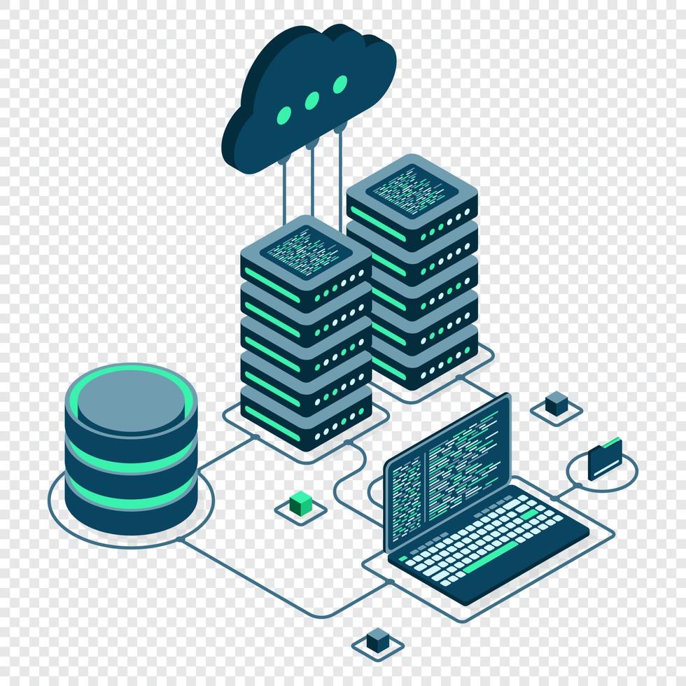 Cloud technology computing concept. Modern cloud technology. Data center isometric concept. Isometric cloud technology with datacenter. Web hosting concept. Vector illustration