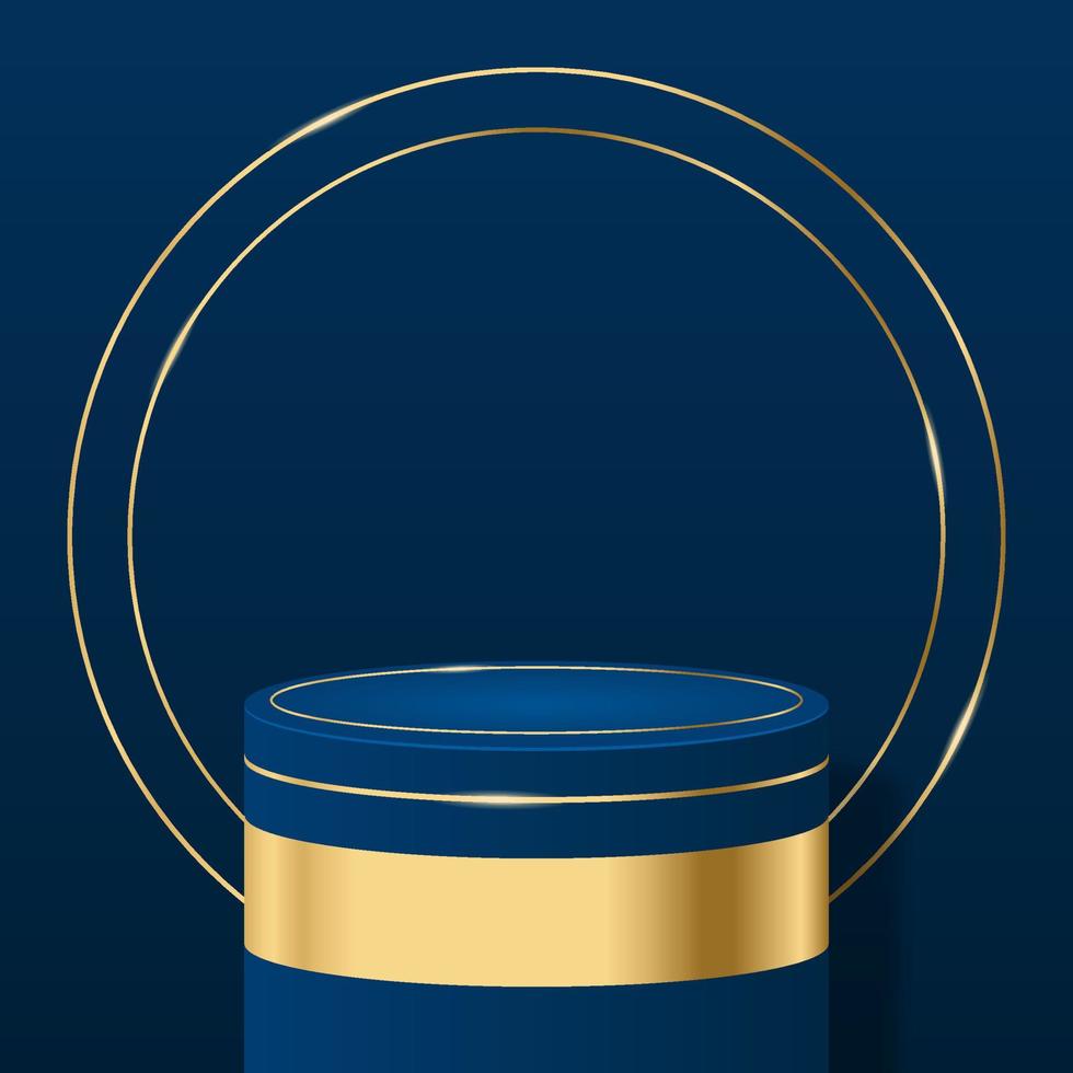 Fondo 3d con podio de soporte. oro azul con escena de anillo de círculo dorado de lujo. fondo de pantalla de producto 3d. podio cilíndrico dorado y azul. ilustración vectorial vector