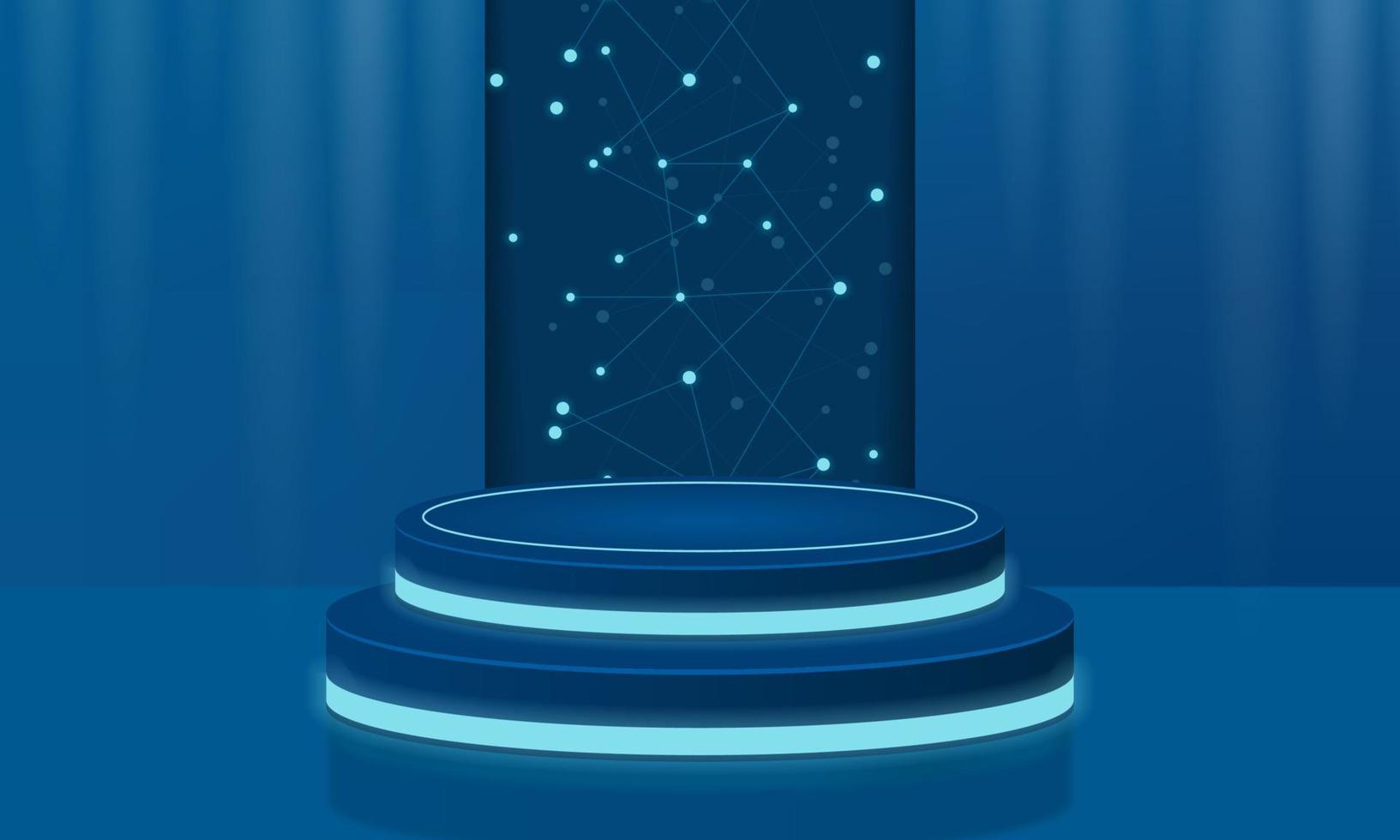 Futuristic neon podium scene for product presentation with abstract geometric dots. Realistic modern pedestal. Blue and dark digital scene. Vector illustration