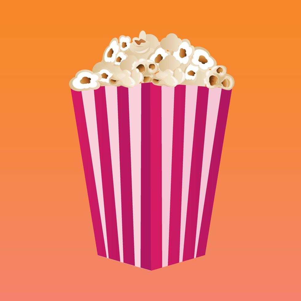 Popcorn. A flat-style movie theater icon. A light snack. A large red and white striped box. Vector illustration
