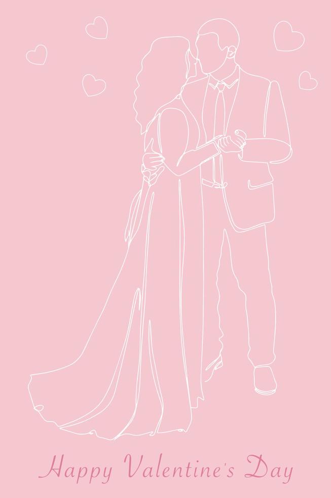 Postcard Happy Valentine's Day. Continuous line drawing of couples who love each other hold hands. Vector illustration.