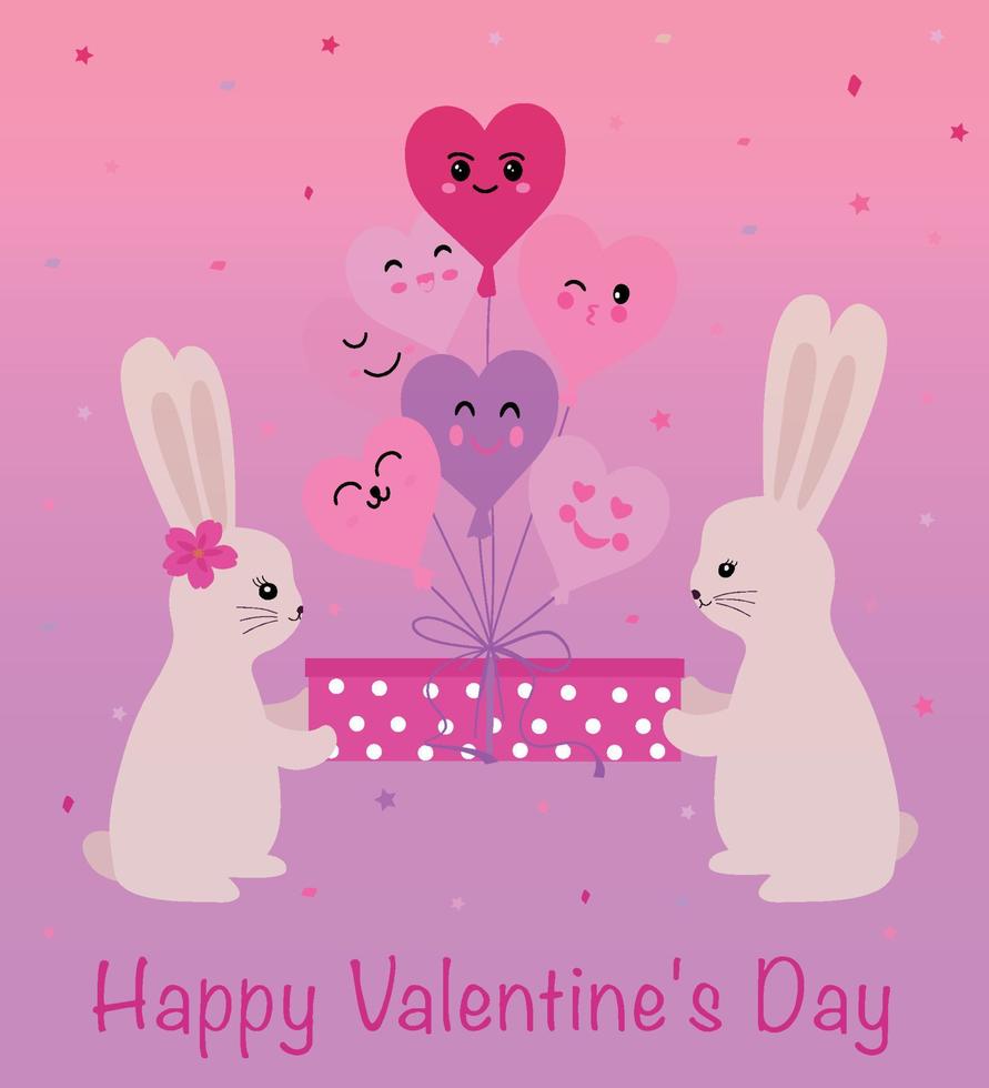 Cute rabbits are holding a gift box with balloons on top. Valentine's holiday card. Vector illustration isolated on a white background