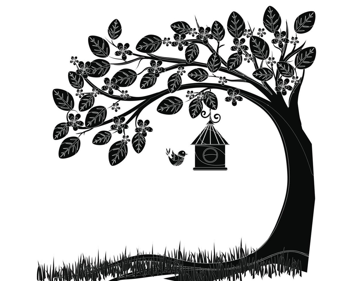 Tree vector art with bird house landscape