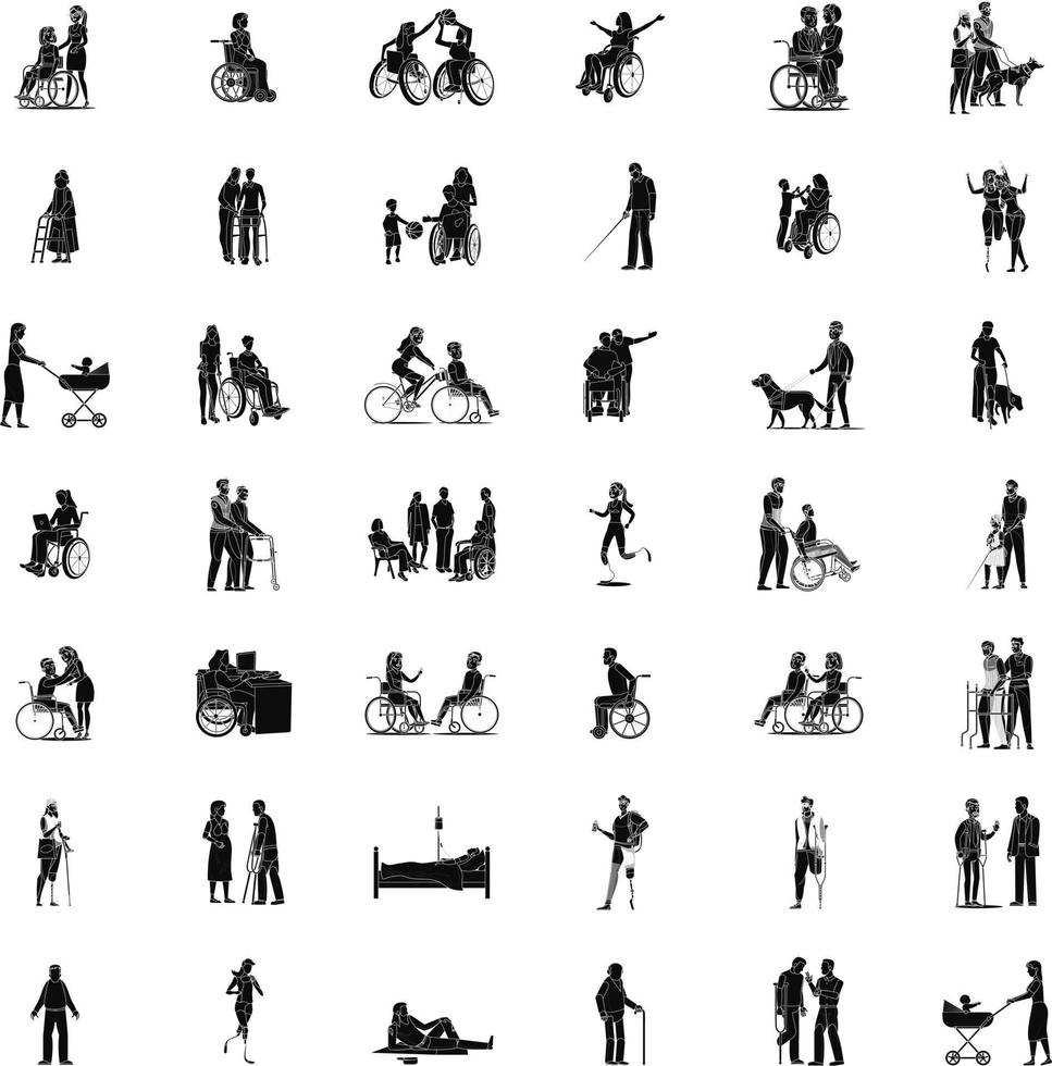 Silhouette vector of a disabled man and woman walking, using a walker. The concept of rehabilitation of people with injuries