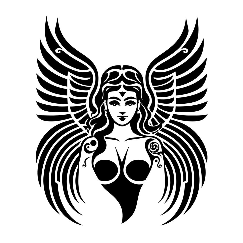 Ornamental, holy, divine angel. Decorative illustration for logo, emblem, tattoo, embroidery, laser cutting, sublimation. vector