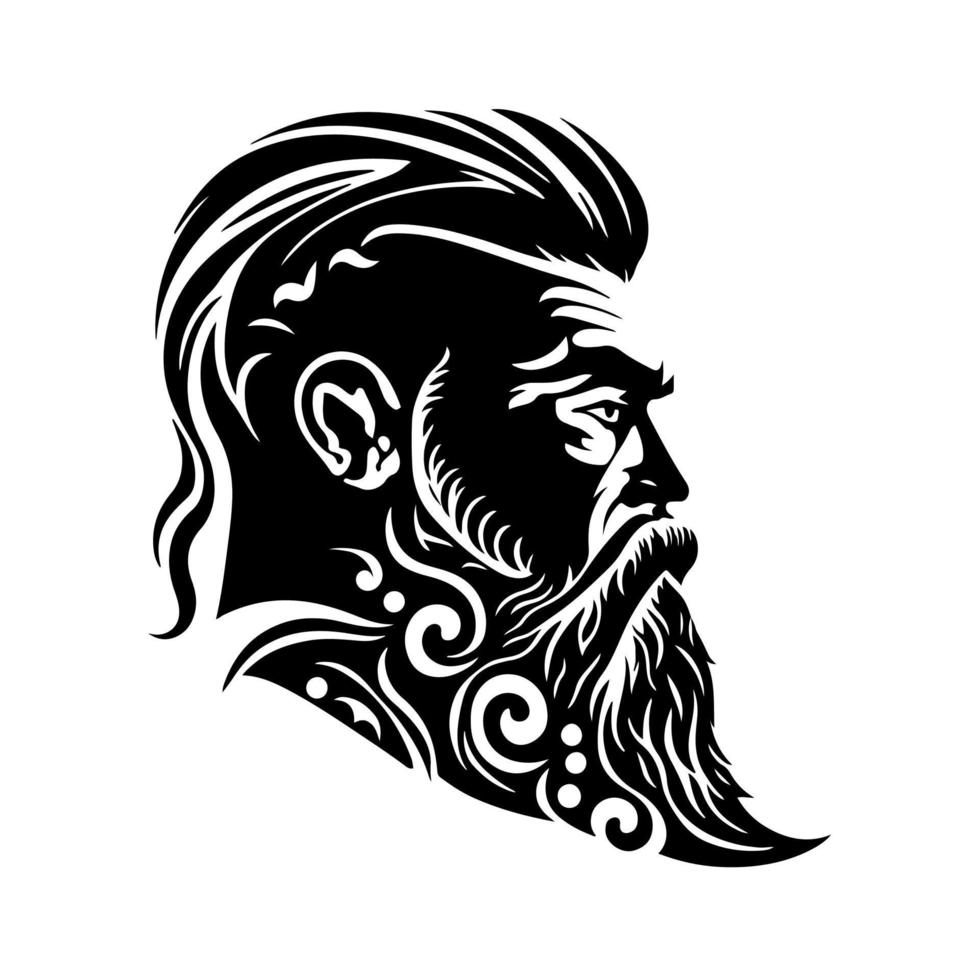 Ornamental, rugged man with stylish hair, beard and mustache. Decorative illustration for barbershop logo, emblem, tattoo, embroidery, laser cutting. vector