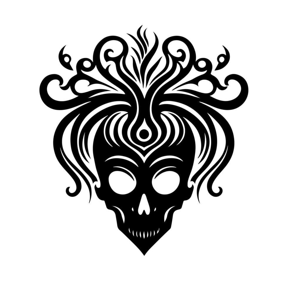 Abstract, ornamental human skull with hair. Illustration for tattoo, embroidery, logo, emblem, laser cutting, sublimation. vector