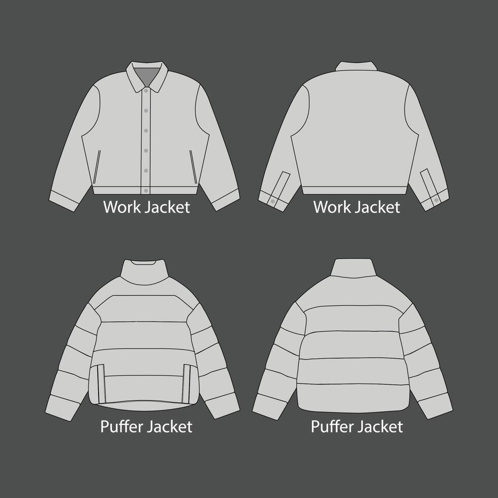 Puffer jacket, technical drawing mockup. Jacket technical drawing ...