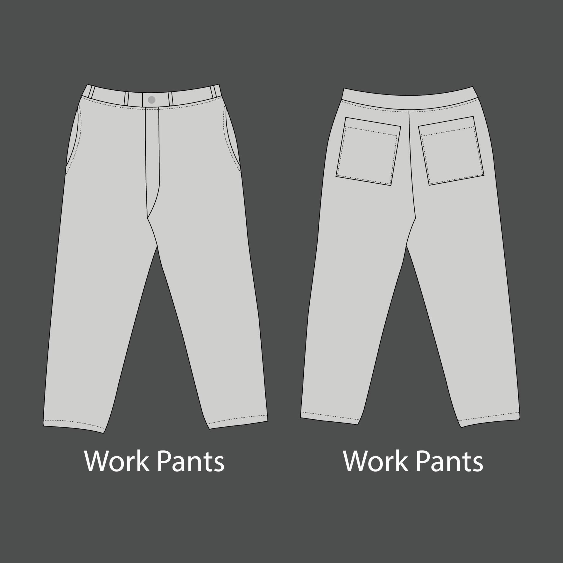 Men's work pants vector mockup set. Work pants with belt and pocket