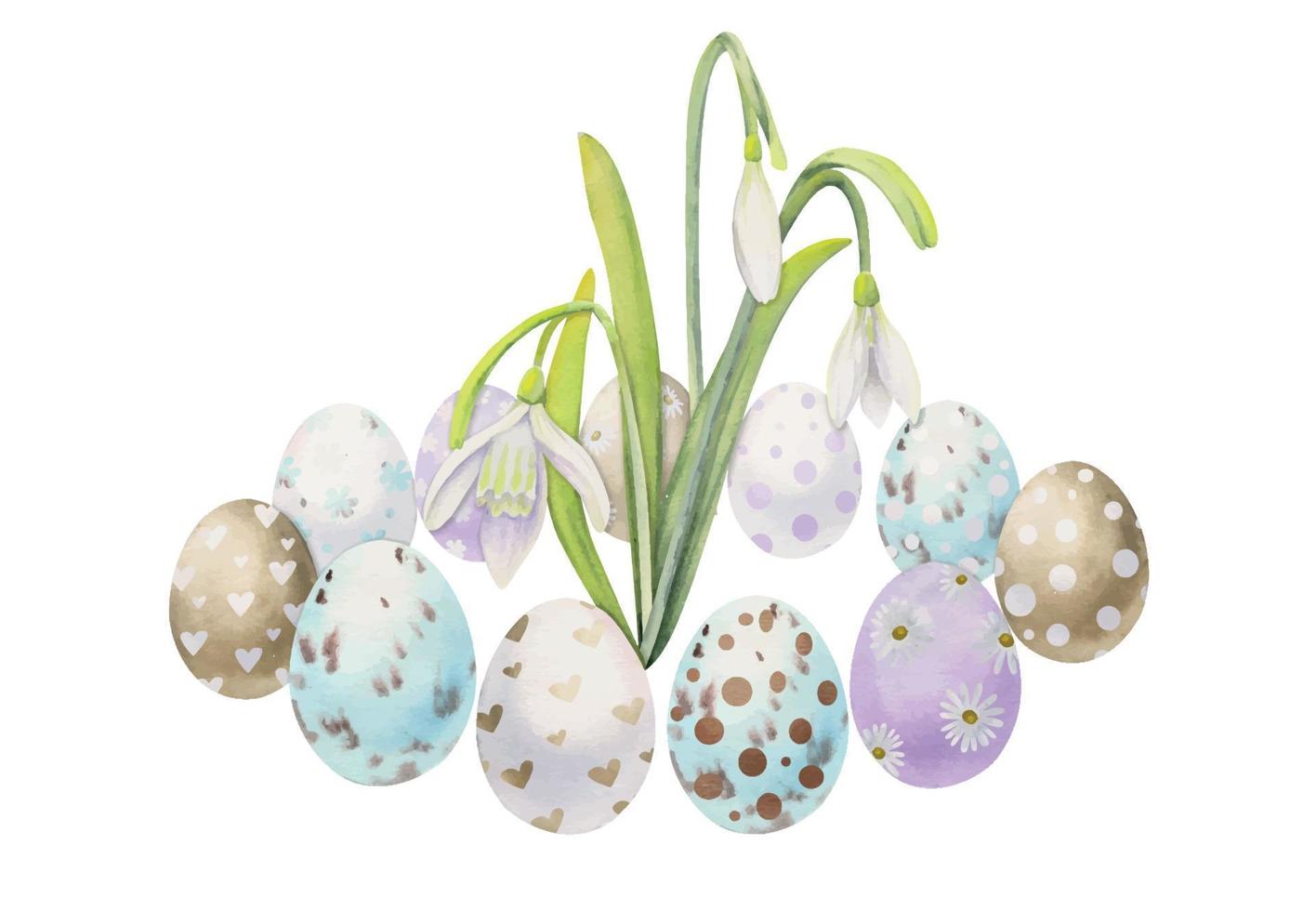 Watercolor hand drawn Easter celebration clipart. Composition of painted eggs, spring flowers, leaves, twig. Isolated on white background Design for invitations, gifts, greeting cards, print, textile vector