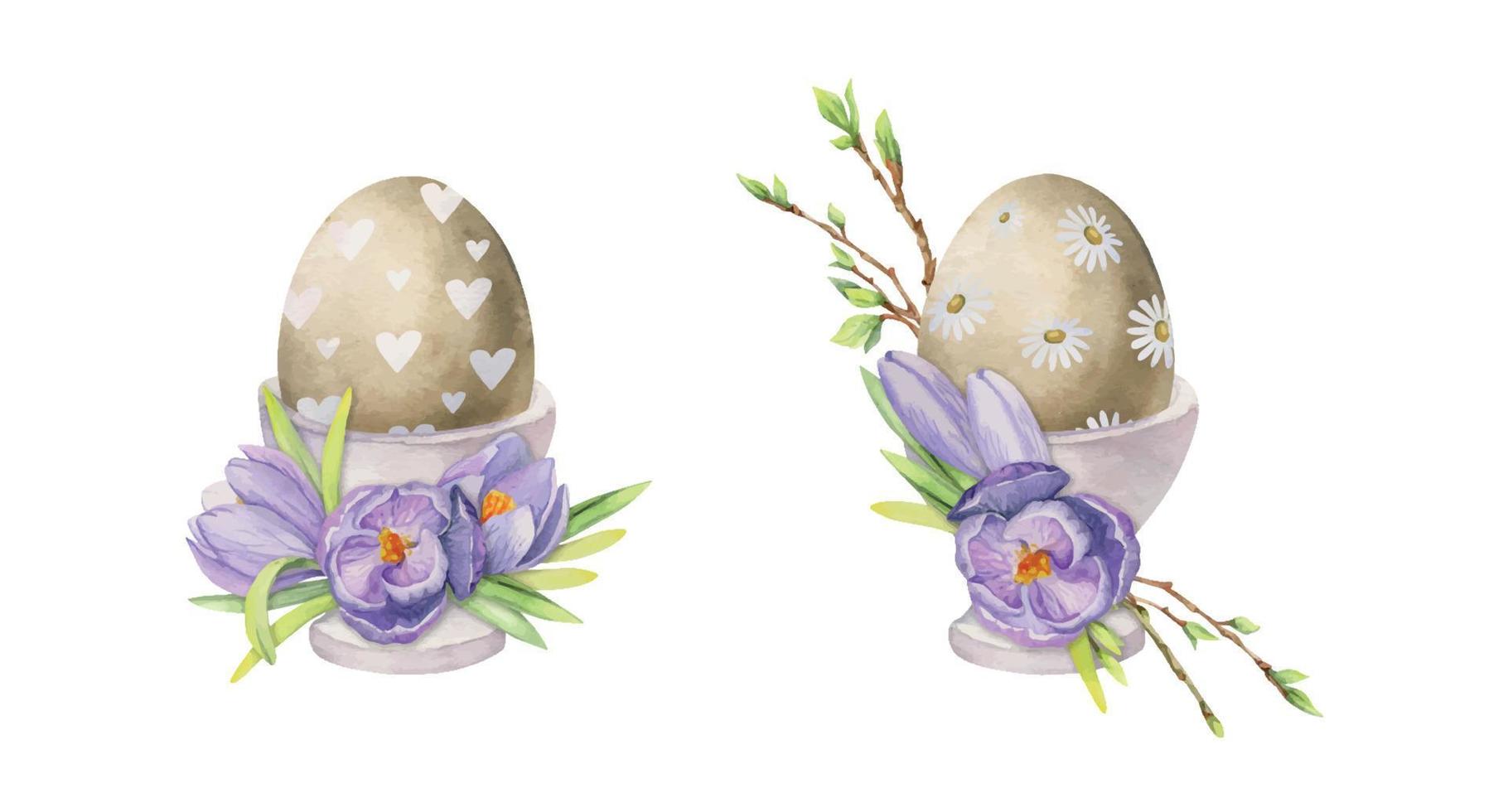 Watercolor hand drawn Easter celebration clipart. Painted eggs in porcelain cups with leaves, flowers, pastel color Isolated on white background. For invitations, gifts, greeting cards, print, textile vector