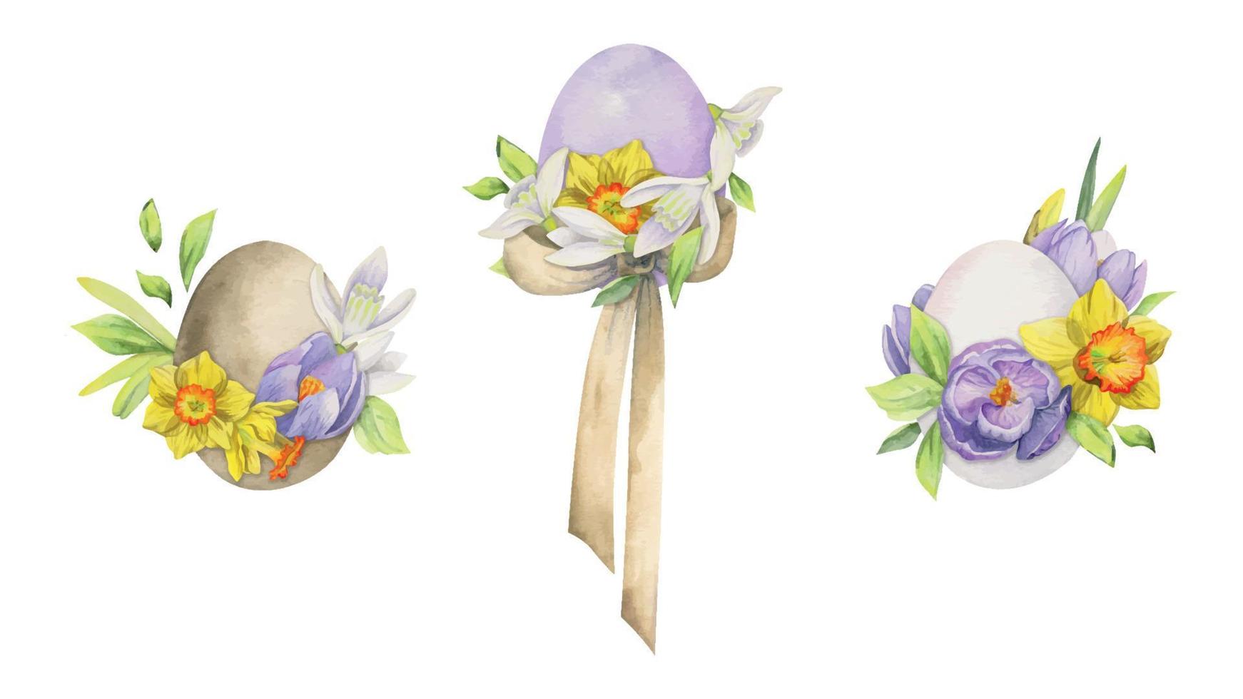 acuarela dibujada a mano celebración de pascua clipart. composición de huevos pintados, flores de primavera, hojas, ramitas. aislado en el diseño de fondo blanco para invitaciones, regalos, tarjetas de felicitación, impresión, textil vector