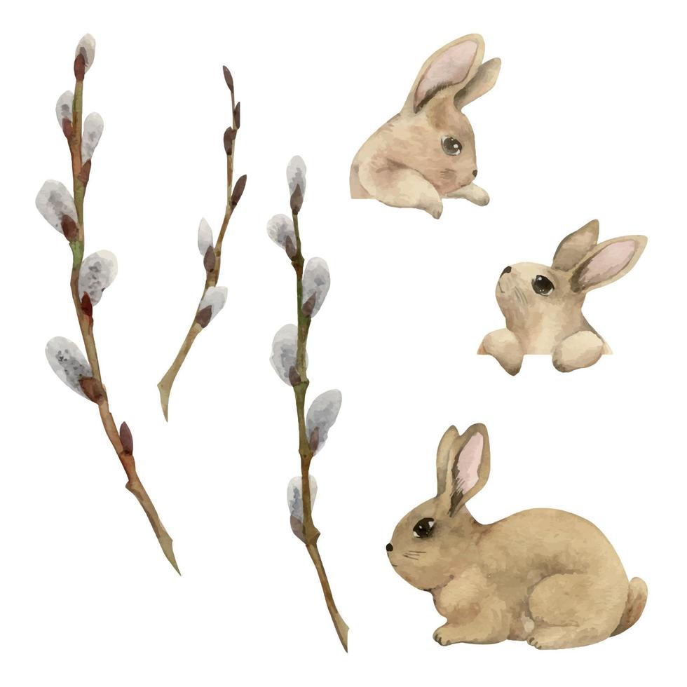 Watercolor hand drawn Easter celebration clipart. Set of cute bunnies with spring willow branches. Pastel color. Isolated on white background. For invitations, gifts, greeting cards, print, textile vector