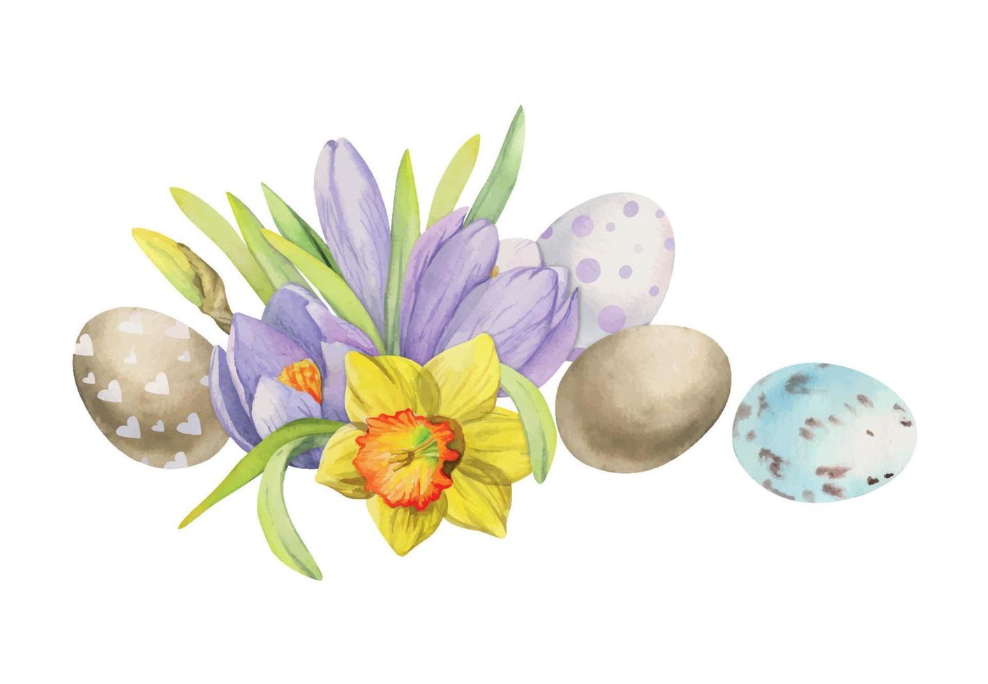 Watercolor hand drawn Easter celebration clipart. Composition of painted eggs, spring flowers, leaves, twig. Isolated on white background Design for invitations, gifts, greeting cards, print, textile vector