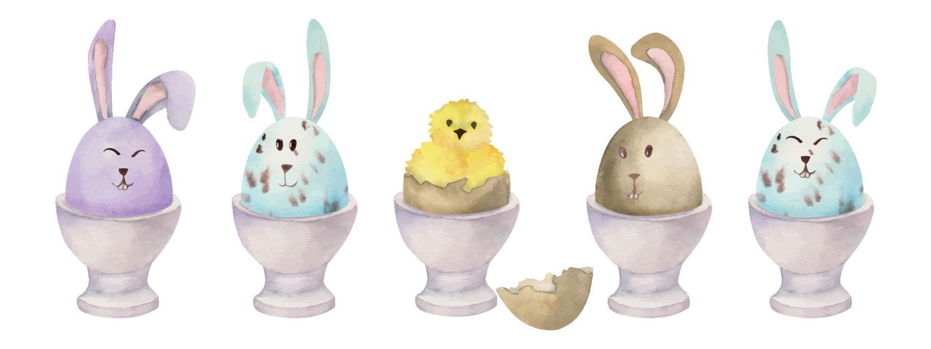 acuarela dibujada a mano celebración de pascua clipart. juego de conejitos de huevos pintados en tazas de porcelana. color pastel. aislado sobre fondo blanco. para invitaciones, regalos, tarjetas de felicitación, estampados, textiles vector