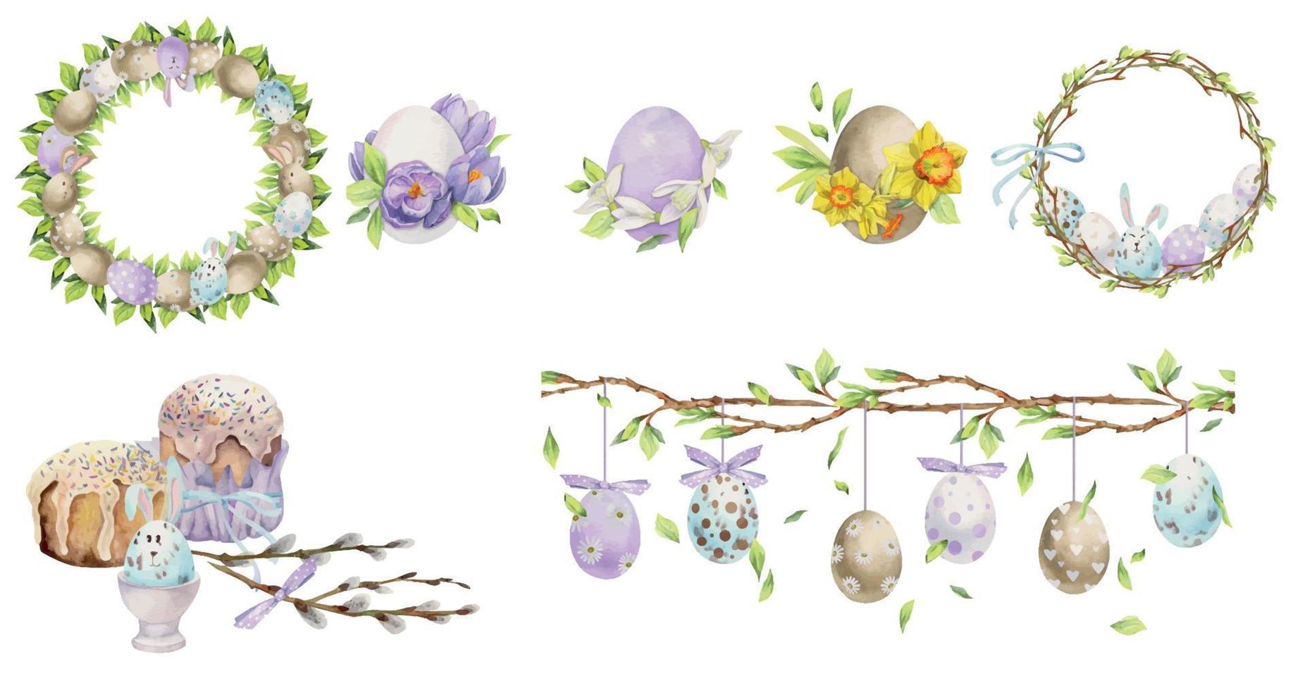 Watercolor hand drawn Easter celebration clipart. Set of frames, vector