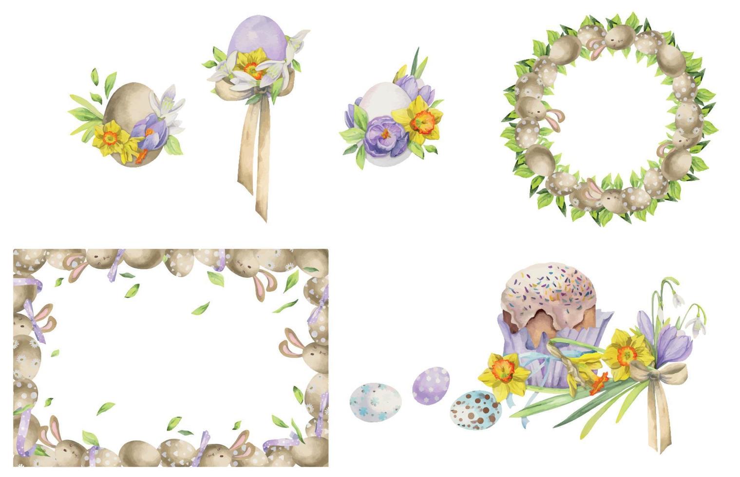 Watercolor hand drawn Easter celebration clipart. Set of frames, vector