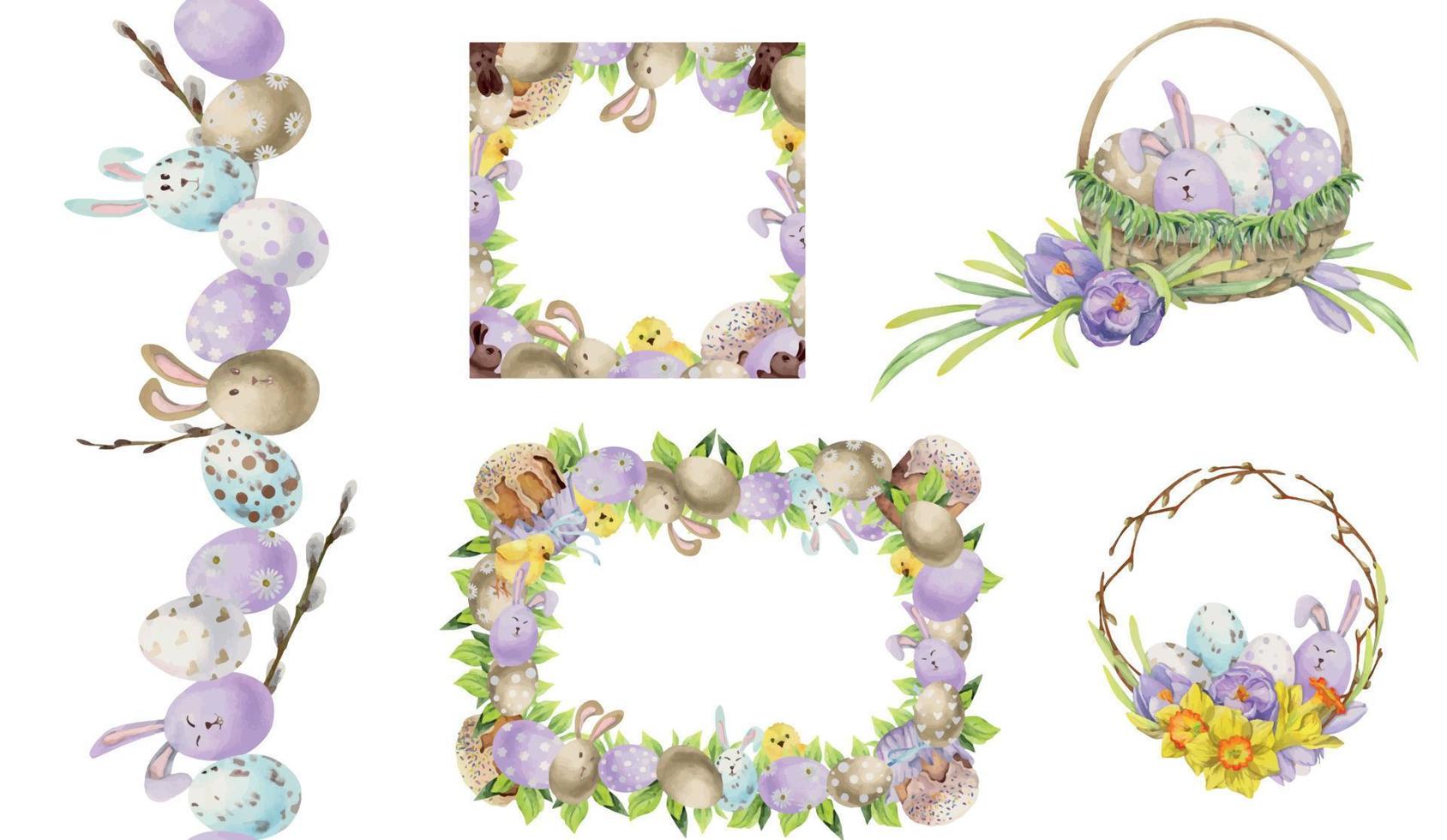 Watercolor hand drawn Easter celebration clipart. Set of frames, vector