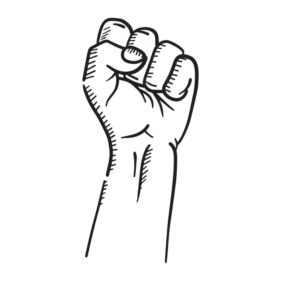 raised hand showing fist, symbol of power and excellence, success, vector illustration.