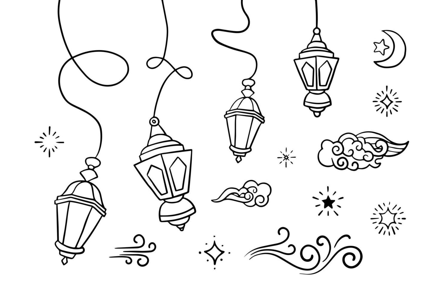 Doodles line art of ramadan kareem greeting card concept. Vector illustration.