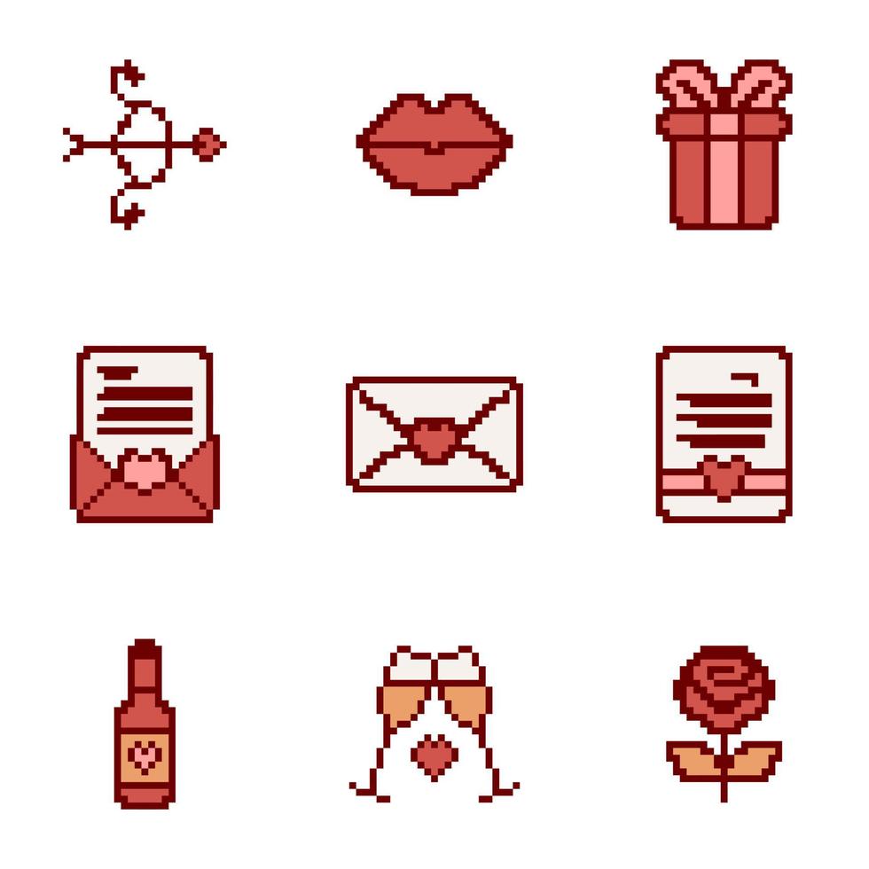 Free vector set of valentine stickers in pixel art style variation 1