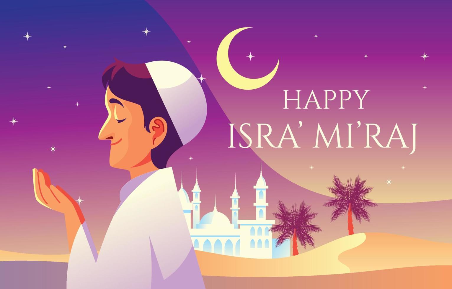 niño musulmán rezando en la noche de isra' mi'raj vector