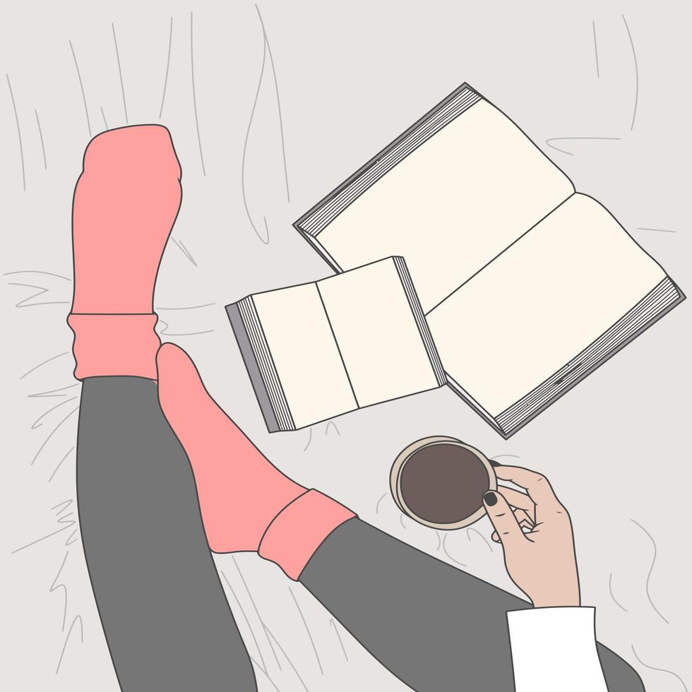 Free vector drinking coffee on bed with books and socks cozy atmosphere
