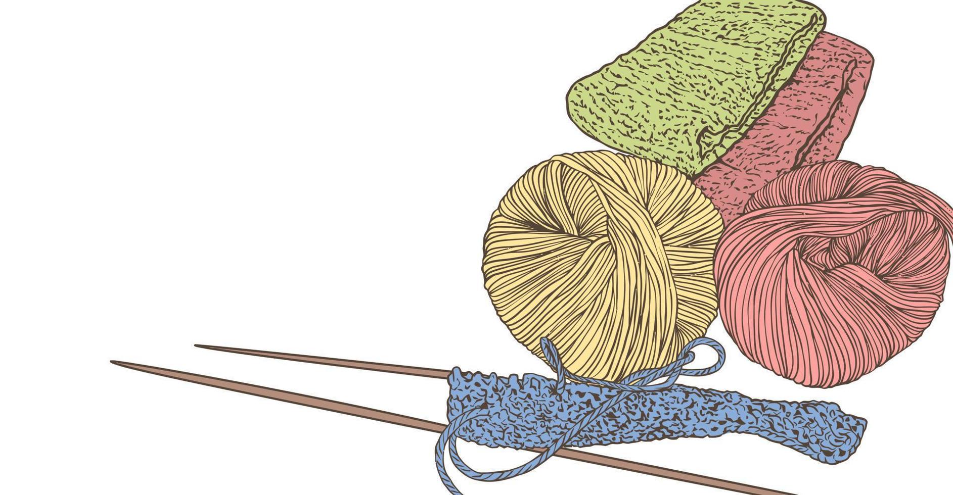 Free vector hand draw detail line art doodle knitting tool, wooden skewers, yarn spools, various colors