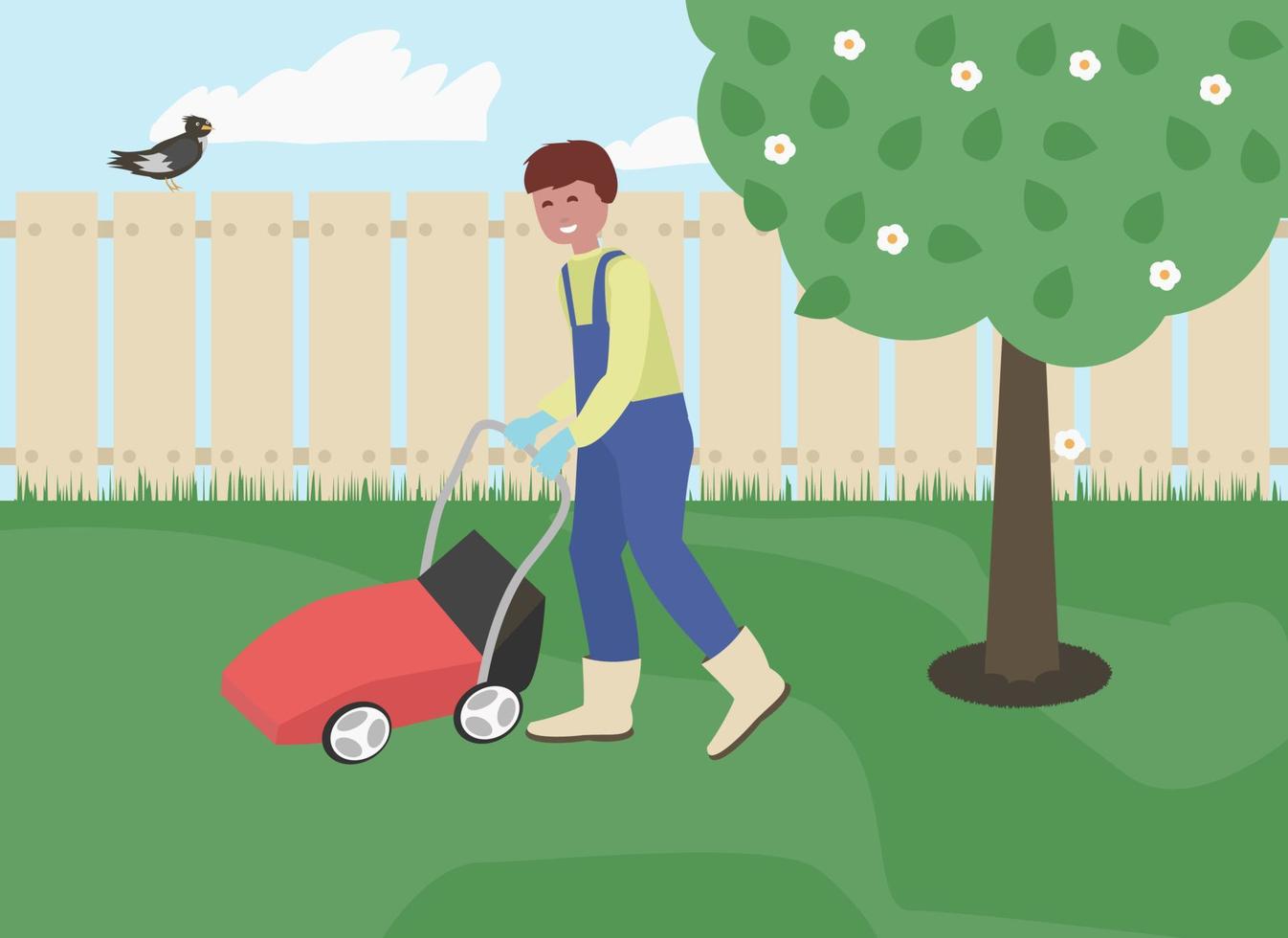 Young man cutting grass in his garden with grass cutter. lawnmower vector
