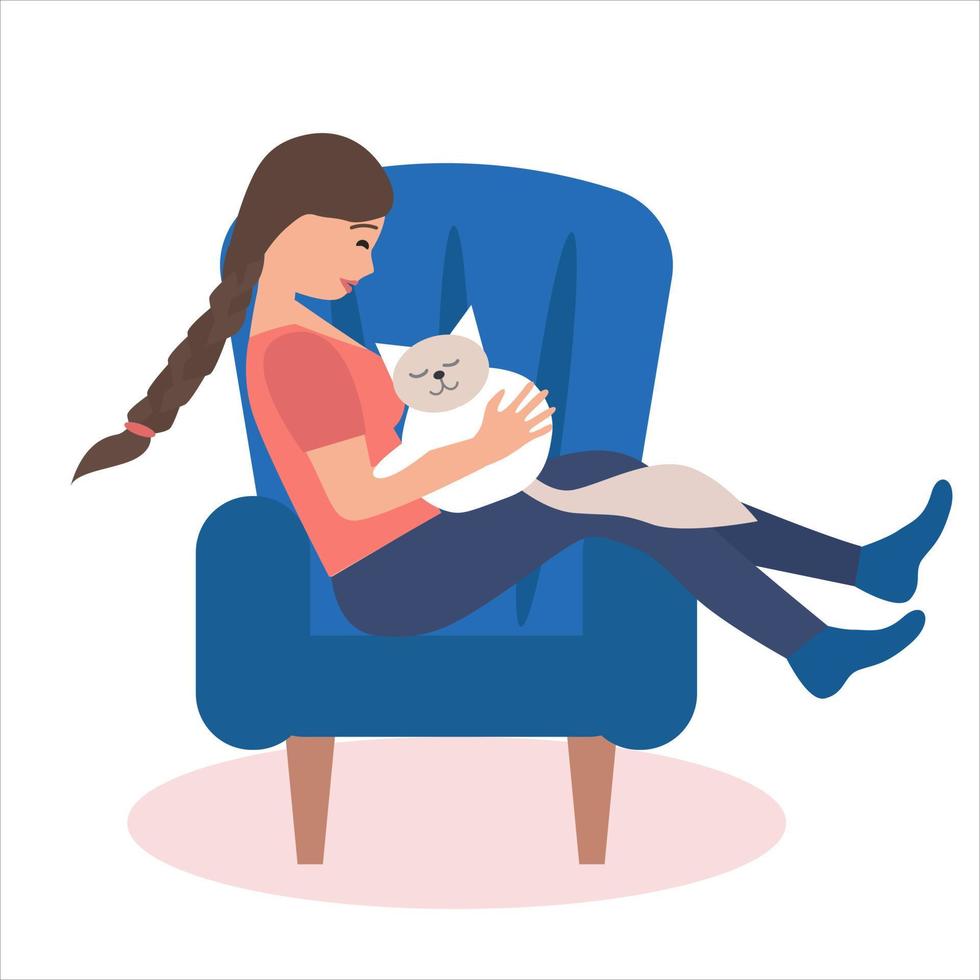 Young woman sitting on the mat with her pets vector illustration