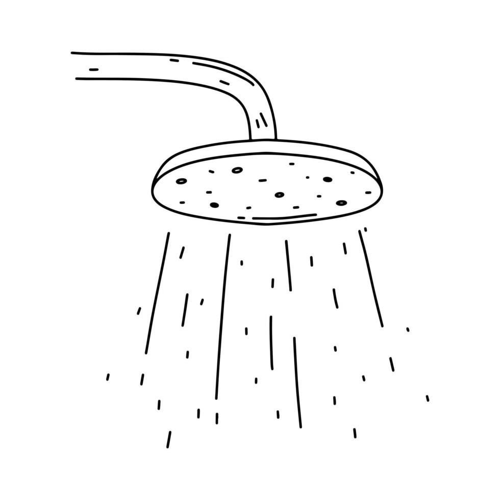 Shower with water drops in hand drawn doodle style. Vector illustration isolated on white background.