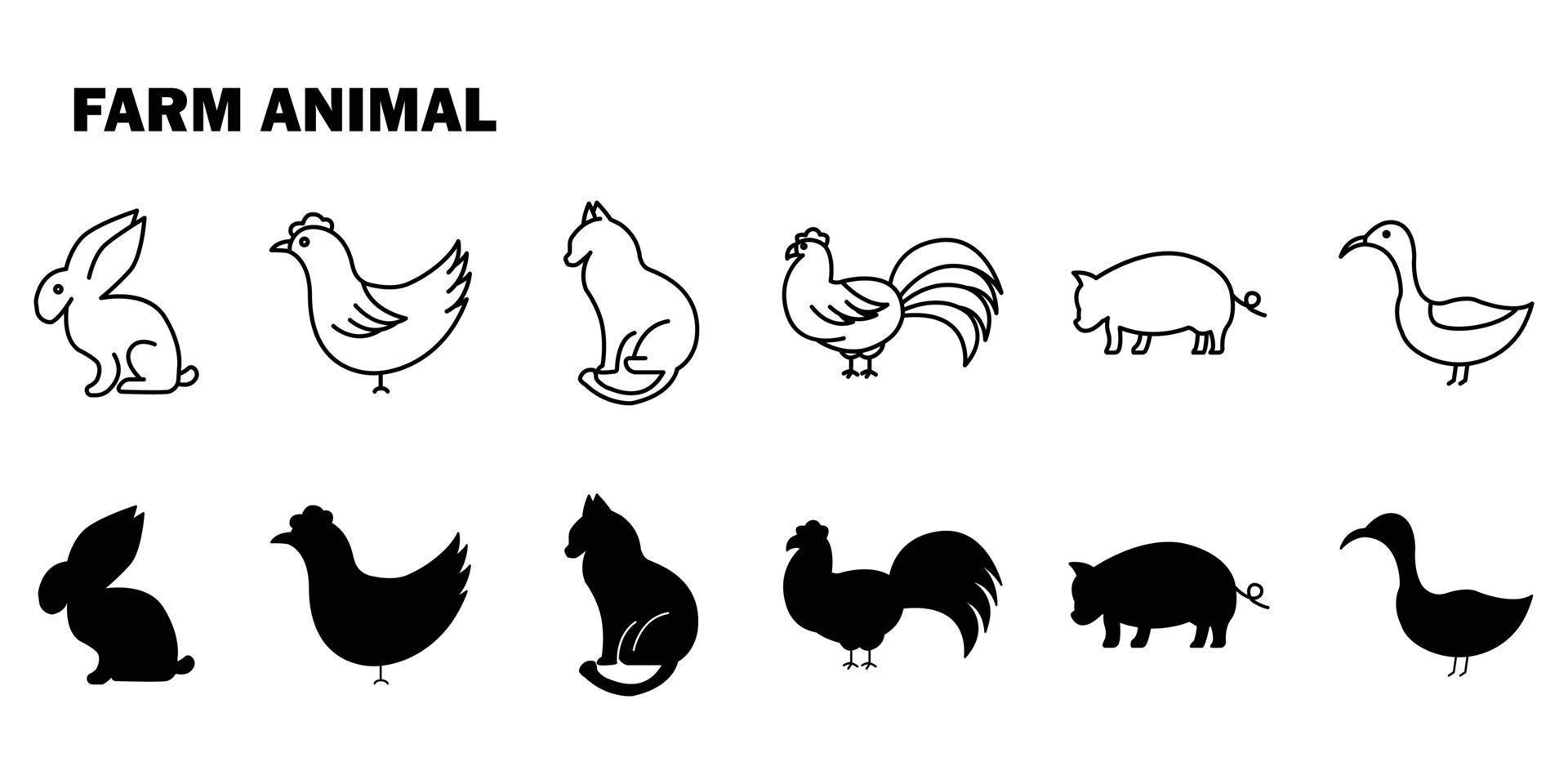 conjunto de iconos de ilustración de granja de animales. contiene ilustraciones de iconos de animales conejo, pollo, gato, cerdo, pato. diseño vectorial simple editable vector