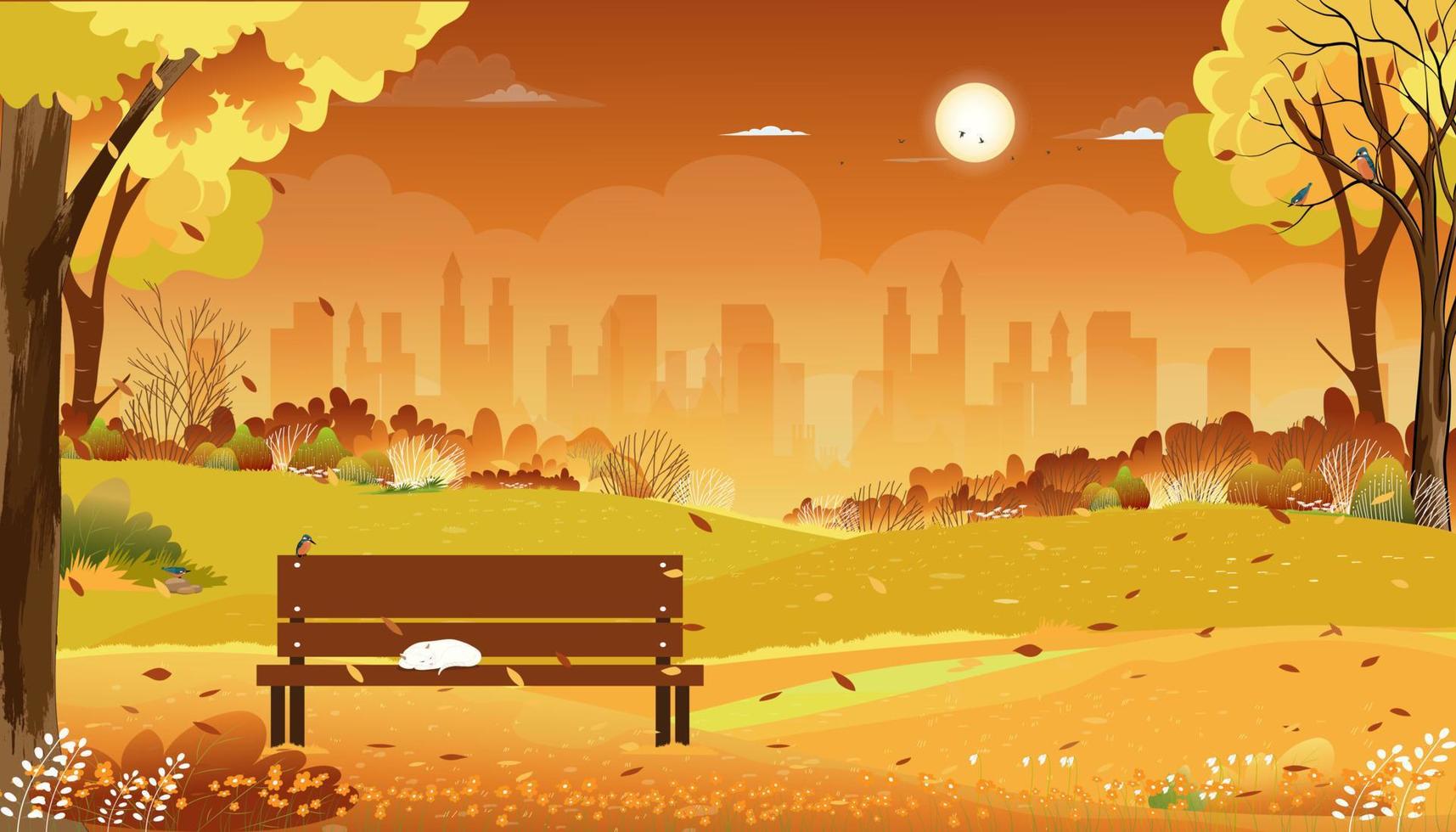 paisajes otoñales parque de la ciudad con gato durmiendo en un banco por la mañana, caricatura vectorial temporada de otoño en el jardín parque urbano con nubes y fondo de cielo naranja vector