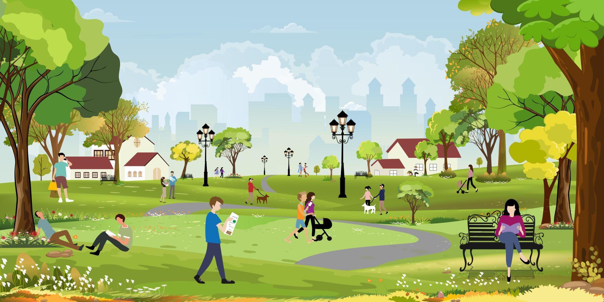 paisaje del parque de la ciudad de primavera, familia divirtiéndose por la mañana, gente de estilo de vida de dibujos animados vectoriales relajándose en la hermosa naturaleza en el parque urbano, paisaje urbano con gente haciendo actividades al aire libre en verano vector