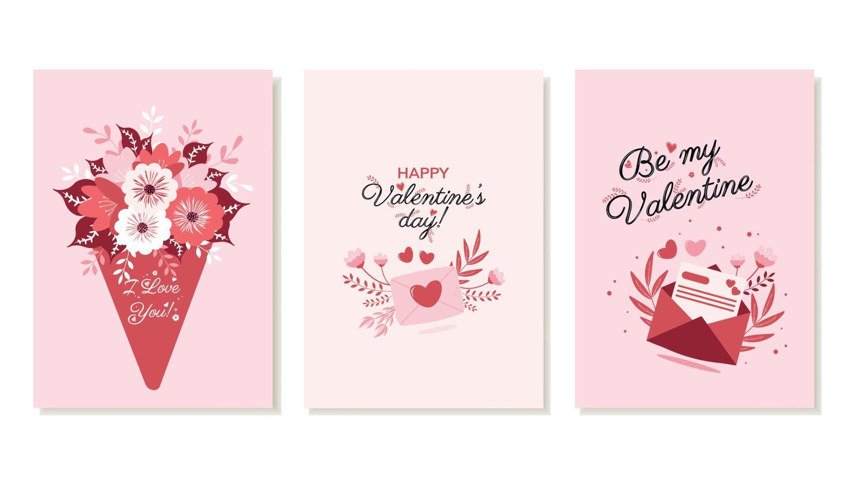 conjunto de tarjetas románticas de san valentín. 14 de febrero, tarjeta de felicitación festiva, con ramo, sobre, mensaje de amor. ilustración vectorial vector