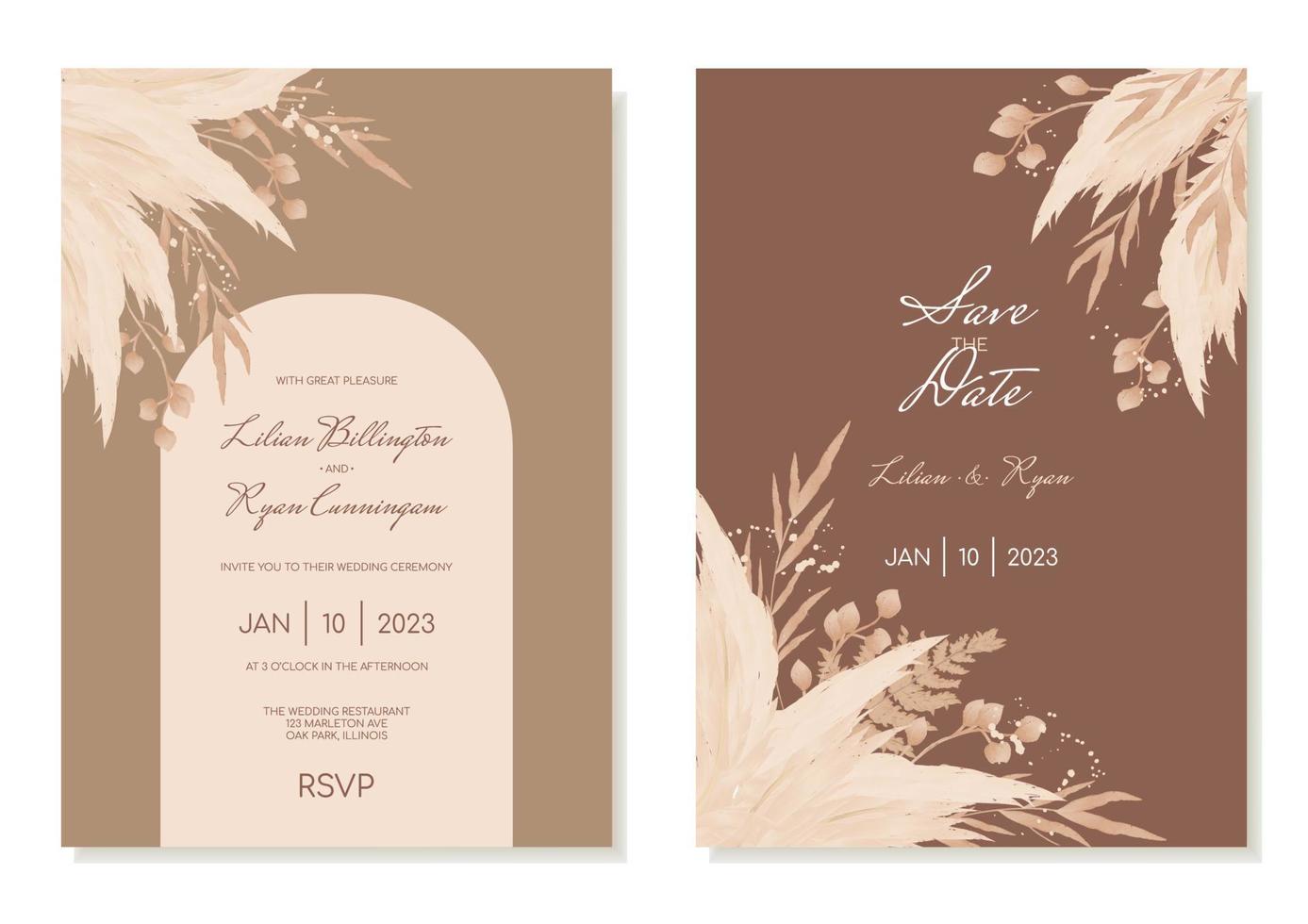 plantilla de invitación de boda boho con flores secas y pampas en tonos marrones. tarjetas de invitación en un estilo moderno de acuarela. vector