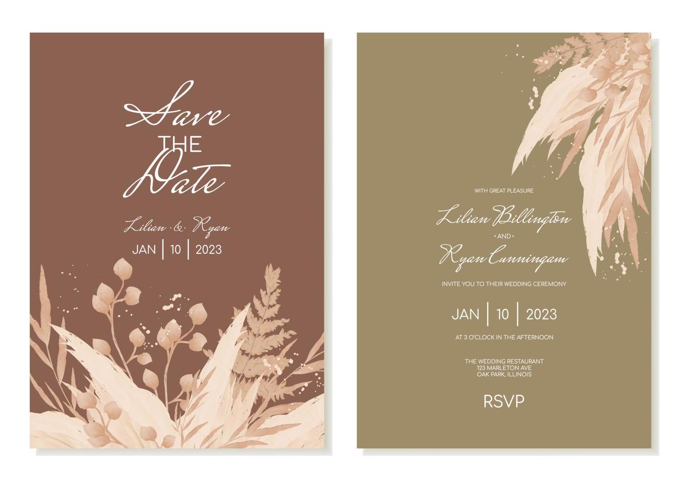 plantilla de invitación de boda boho con flores secas y pampas en tonos marrones y oliva. tarjetas de invitación en un estilo moderno de acuarela. vector