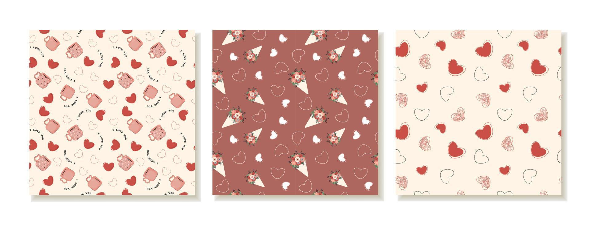 A set of seamless Valentine's Day patterns. Romantic patterns, backgrounds for social media and posts with bouquets, love mugs and hearts. Vector