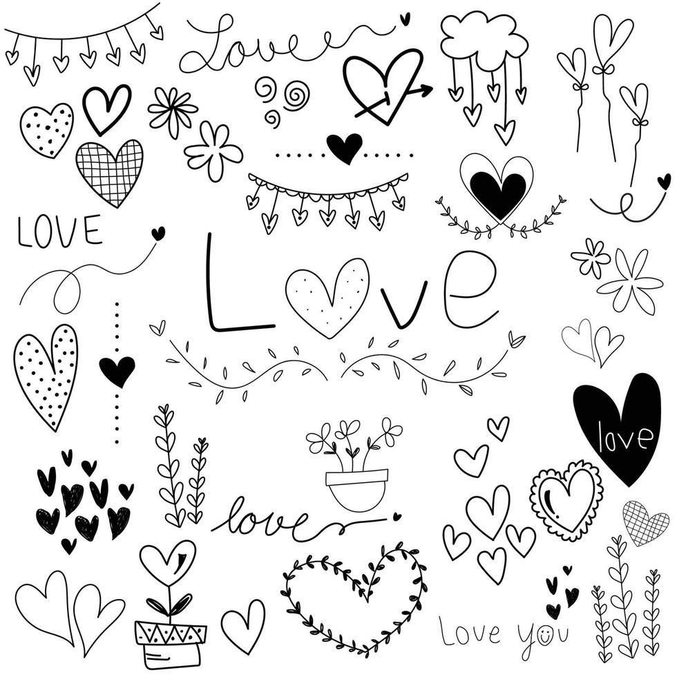 Set of heart shapes, flowers, love, written in black strokes on a white background. vector