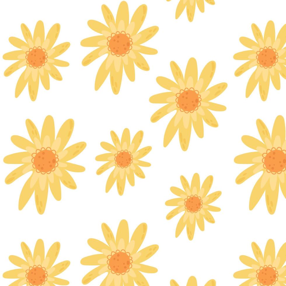 flores amarillas aisladas sobre fondo blanco. Ilustración de vector de patrones sin fisuras florales dibujados a mano.