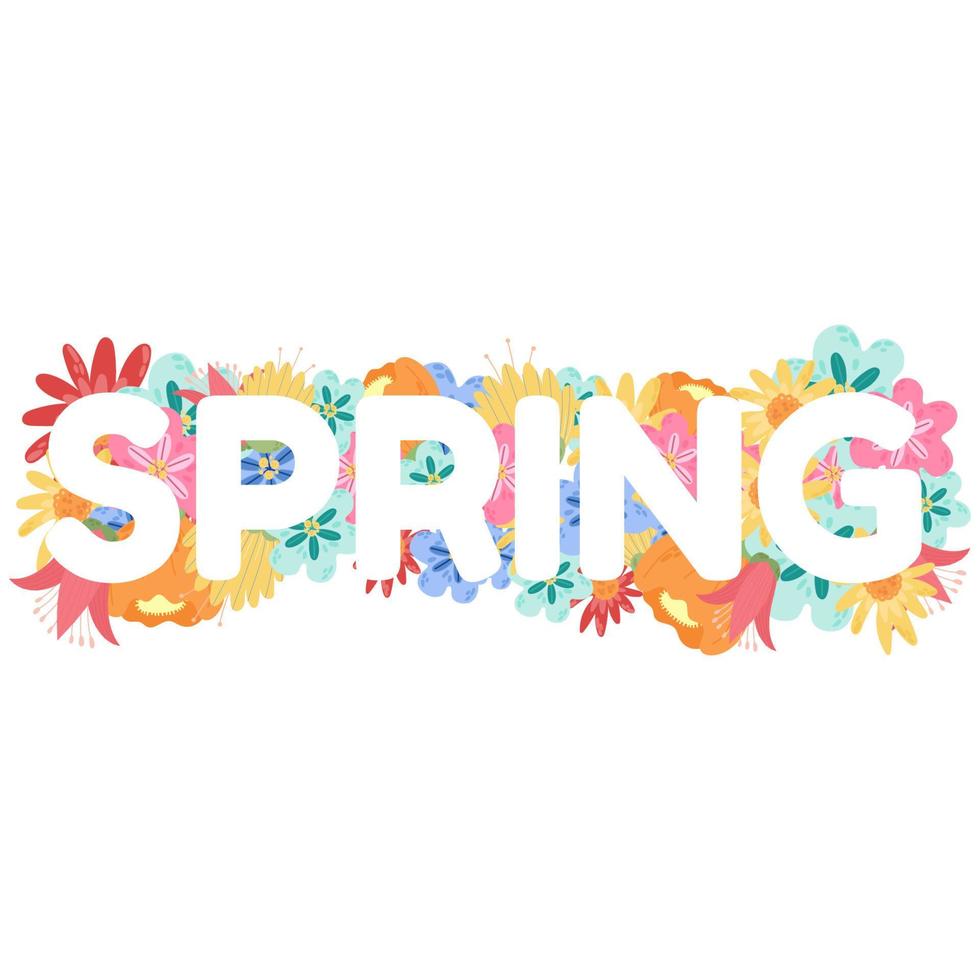 Word Spring with flowers. Isolated on white background with text lettering  spring vector