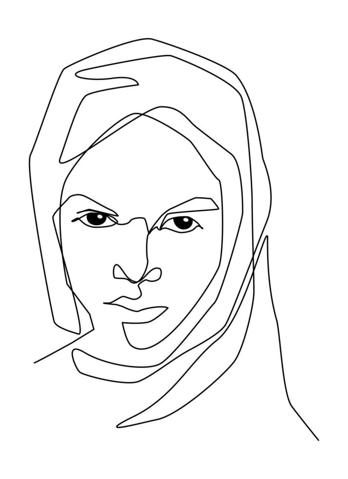 Single line drawing of a woman earing hood scarf. Hand drawn style design line art. People in portrait vector
